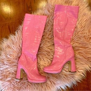 CIRCUS SAM EDELMAN Bubblegum Pink Croc-Embossed Knee-High Platform Boots